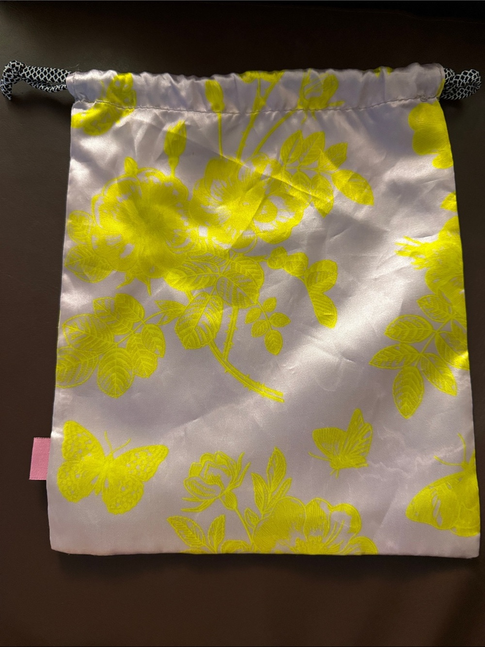 Floral Drawstring Cosmetic Pouch - Neon Yellow on White
